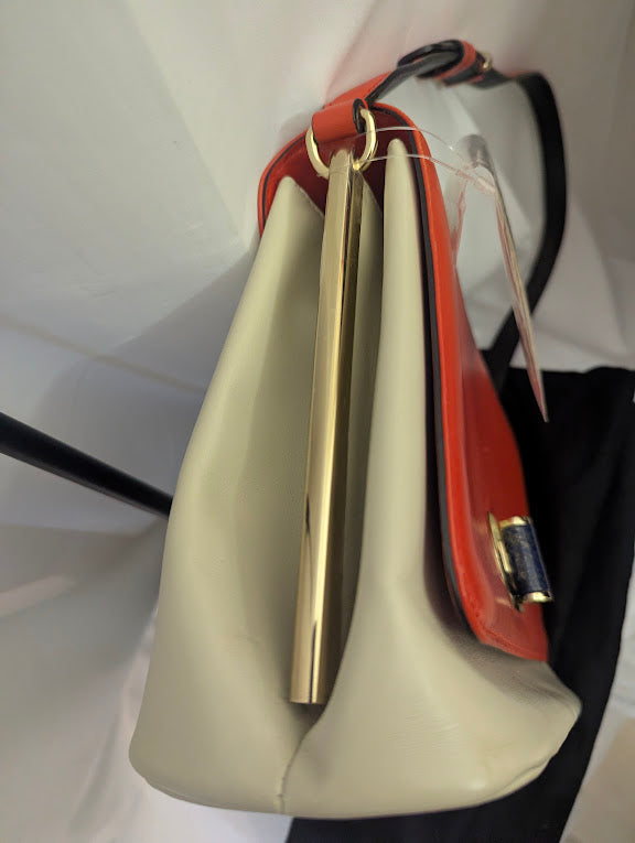 Bvlgari Orange Ivory Leather with Black Back Pocket Shoulder Bag Purple Stone Turn Clasp