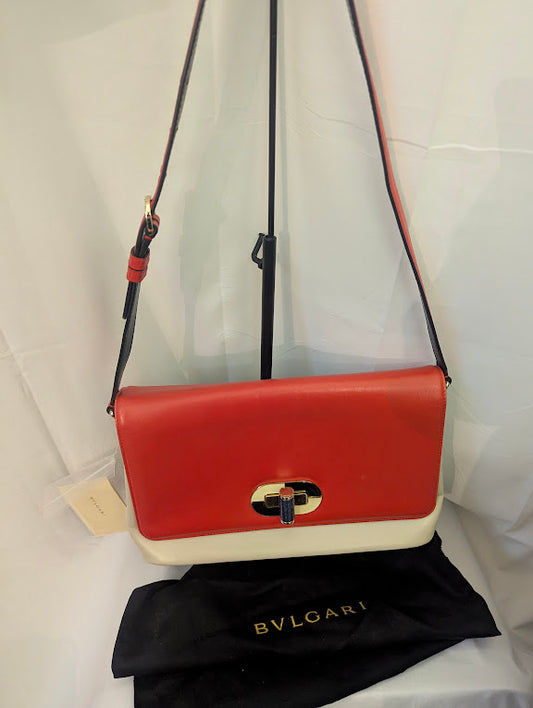 Bvlgari Orange Ivory Leather with Black Back Pocket Shoulder Bag Purple Stone Turn Clasp