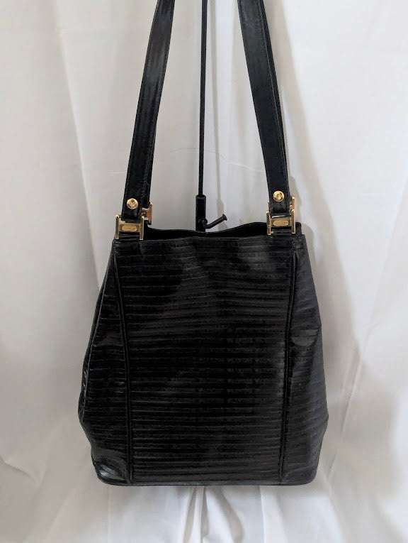 Valentino Vintage Embossed Black Leather Shoulder Tote Bag