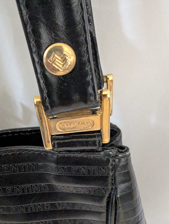 Valentino Vintage Embossed Black Leather Shoulder Tote Bag