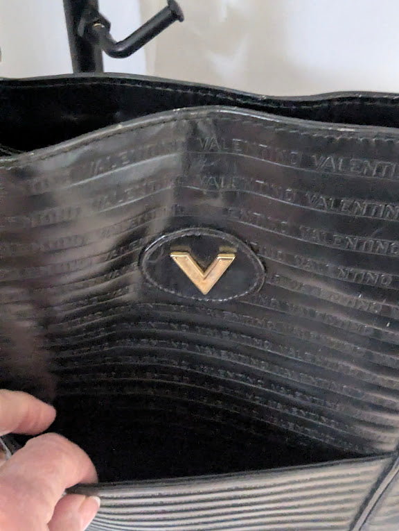 Valentino Vintage Embossed Black Leather Shoulder Tote Bag