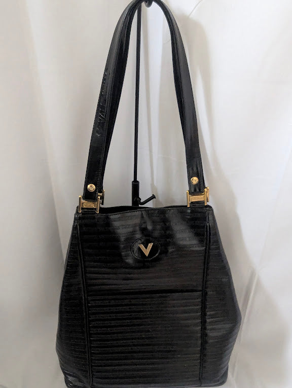Valentino Vintage Embossed Black Leather Shoulder Tote Bag