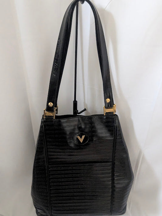 Valentino Vintage Embossed Black Leather Shoulder Tote Bag