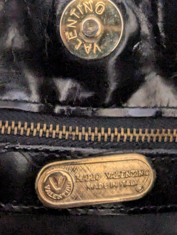 Valentino Vintage Embossed Black Leather Shoulder Tote Bag