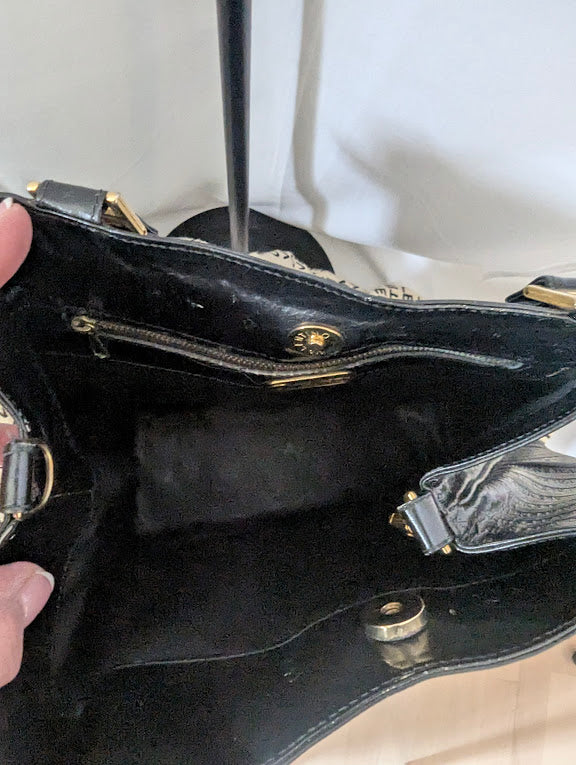 Valentino Vintage Embossed Black Leather Shoulder Tote Bag