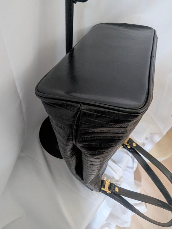 Valentino Vintage Embossed Black Leather Shoulder Tote Bag
