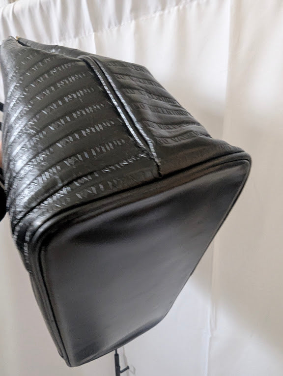 Valentino Vintage Embossed Black Leather Shoulder Tote Bag