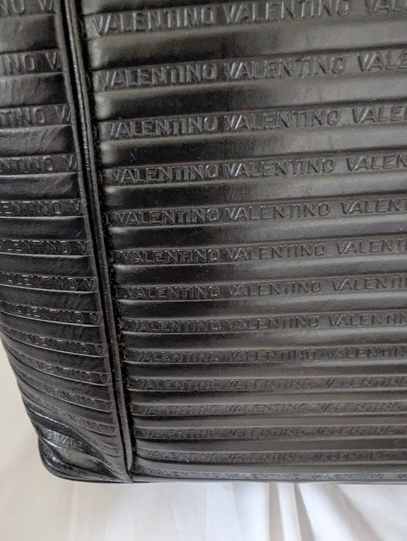 Valentino Vintage Embossed Black Leather Shoulder Tote Bag