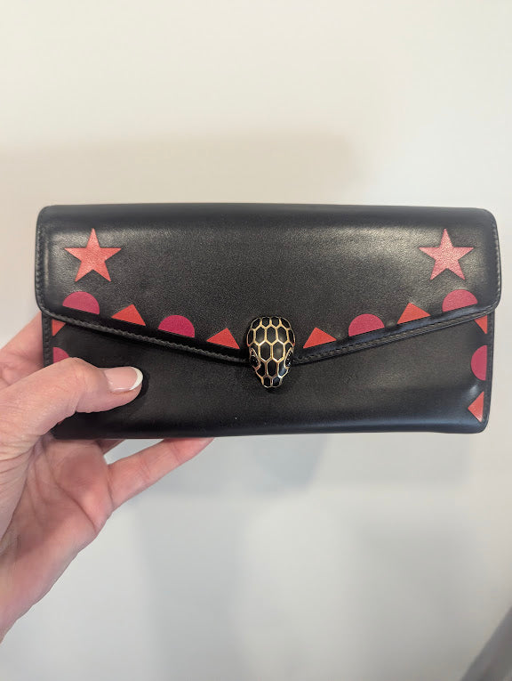 Bvlgari Calfskin Serpenti Forever Star Black Red Wallet in Box