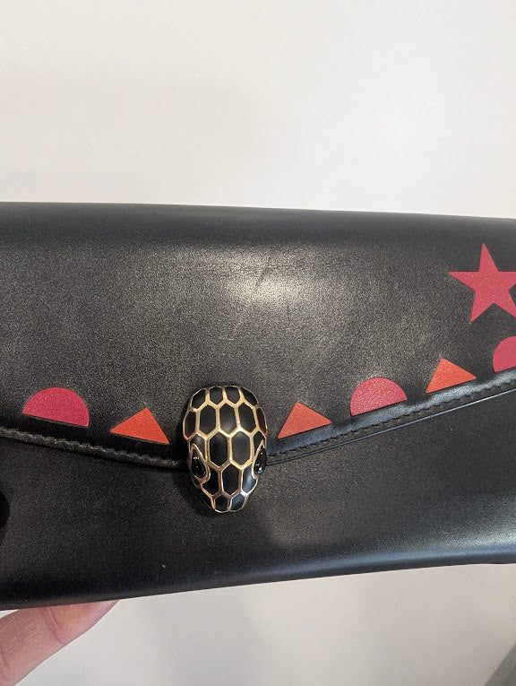 Bvlgari Calfskin Serpenti Forever Star Black Red Wallet in Box