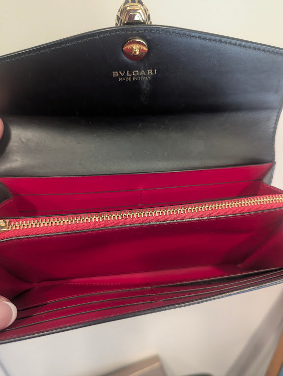 Bvlgari Calfskin Serpenti Forever Star Black Red Wallet in Box
