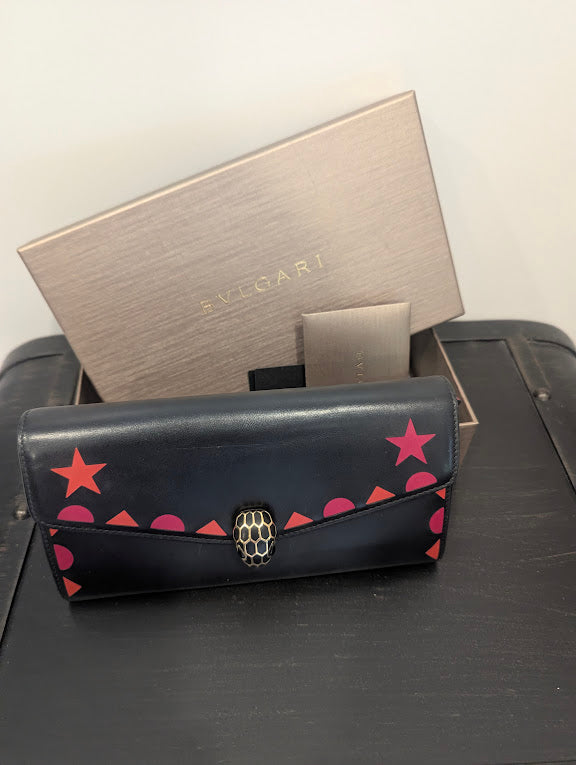 Bvlgari Calfskin Serpenti Forever Star Black Red Wallet in Box
