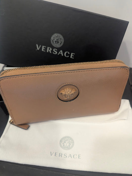 Versace La Medusa Long Tan Calfskin Zip Around Wallet in Box