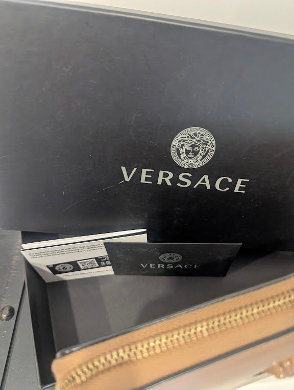 Versace La Medusa Long Tan Calfskin Zip Around Waller in Box