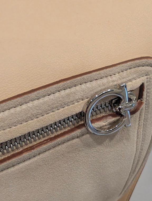 Salvatore Ferragamo Beige Leather and Suede Crossbody Shoulder Bag with Silver Hardware