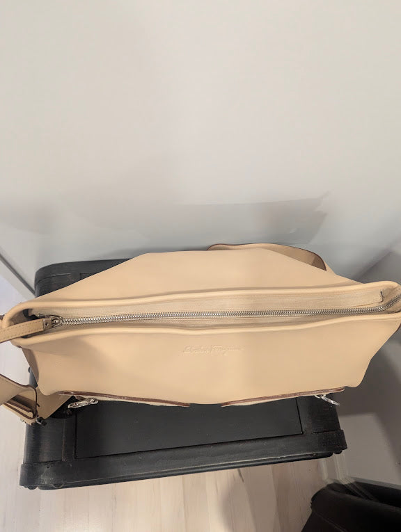 Salvatore Ferragamo Beige Leather and Suede Crossbody Shoulder Bag with Silver Hardware