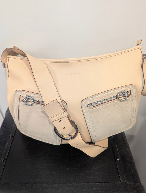 Salvatore Ferragamo Beige Leather and Suede Crossbody Shoulder Bag with Silver Hardware