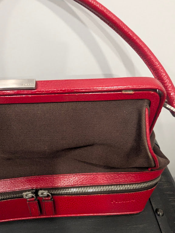 Prada Vintage Red/Brown Canvas and Leather Frame Doctor's Bag