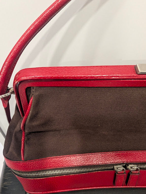 Prada Vintage Red/Brown Canvas and Leather Frame Doctor's Bag