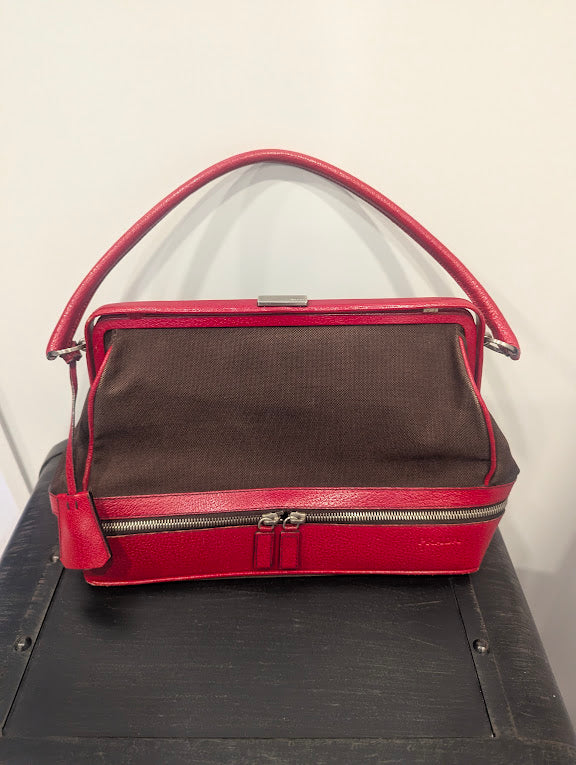 Prada Vintage Red/Brown Canvas and Leather Frame Doctor's Bag