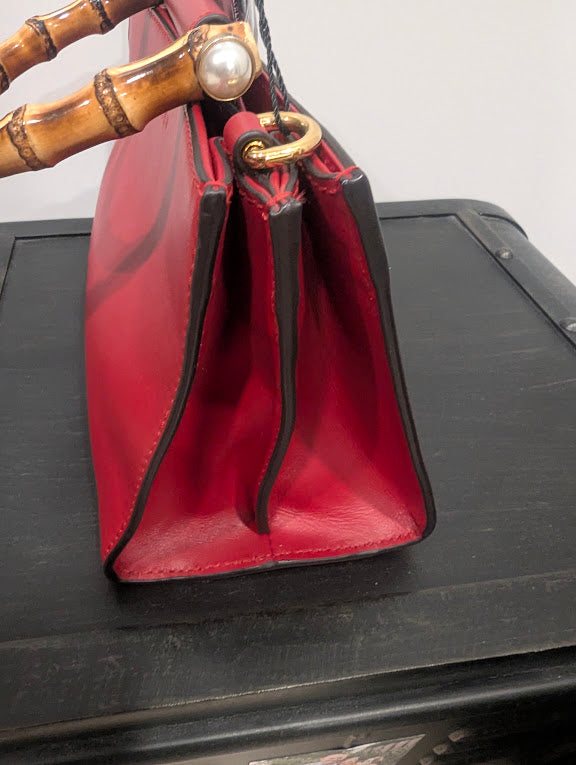 Gucci Red Mini Bamboo Nymphaea Satchel with Faux Pearls - No Strap