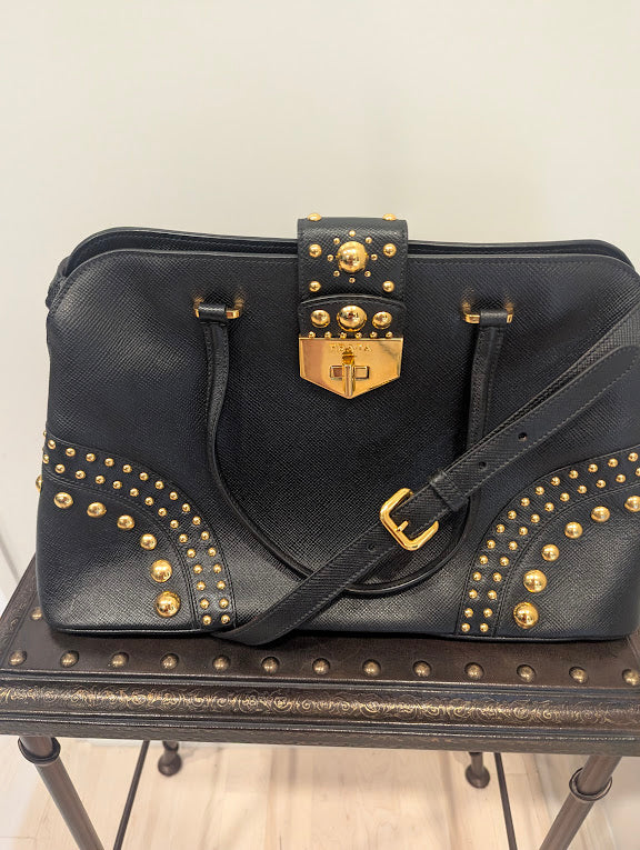 Prada Promenade Studded Black Satchel Bag