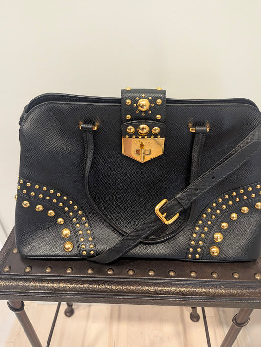 Prada Promenade Studded Black Satchel Bag
