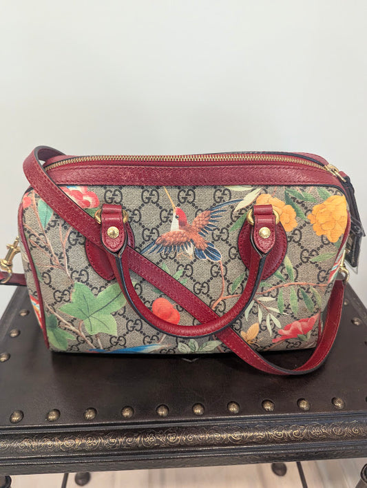 Gucci GG Supreme Boston Tian Floral Bird Print Satchel Bag