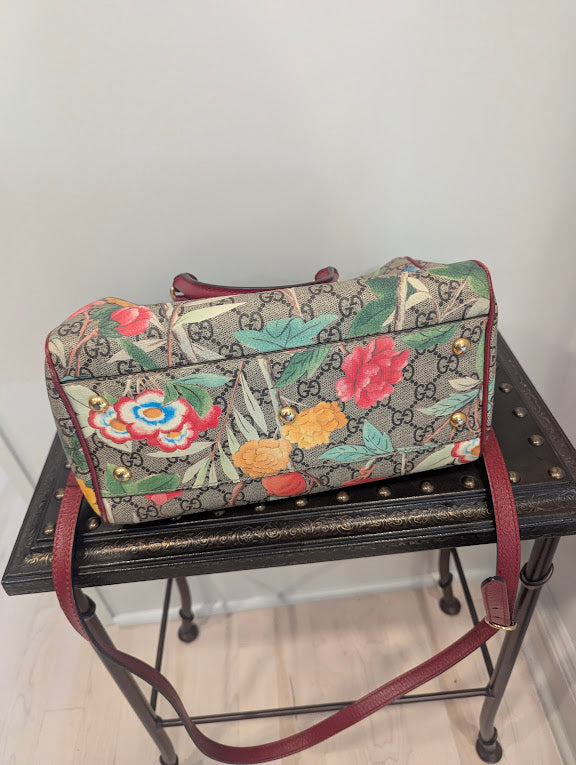 Gucci GG Supreme Boston Tian Floral Bird Print Satchel Bag