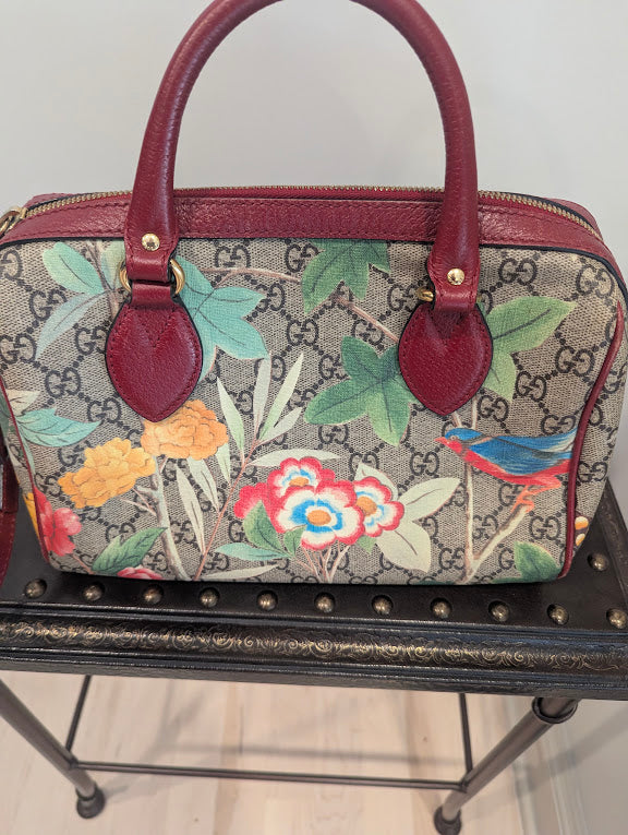 Gucci GG Supreme Boston Tian Floral Bird Print Satchel Bag