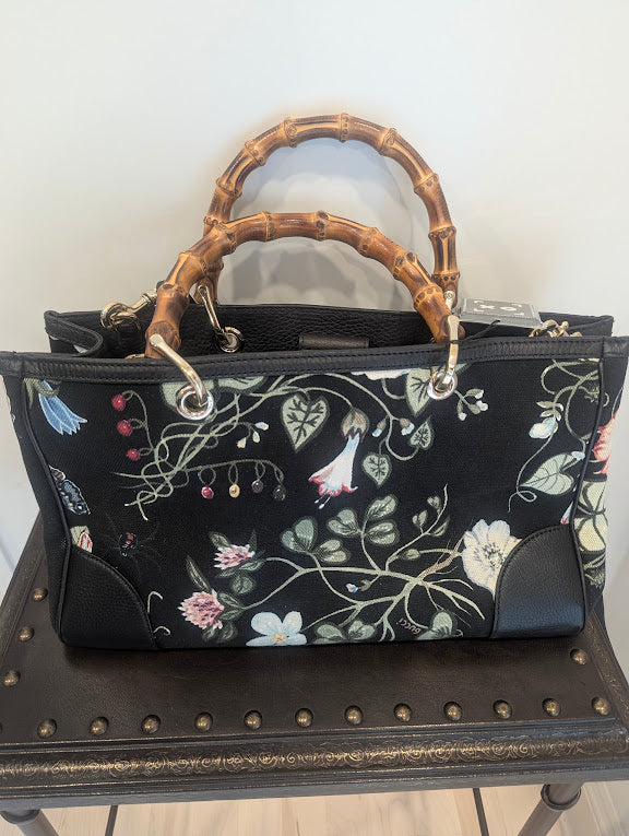 Gucci Black Flora Knight Print Bamboo Tote