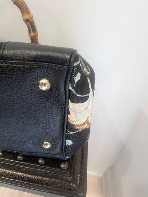 Gucci Black Flora Knight Print Bamboo Tote