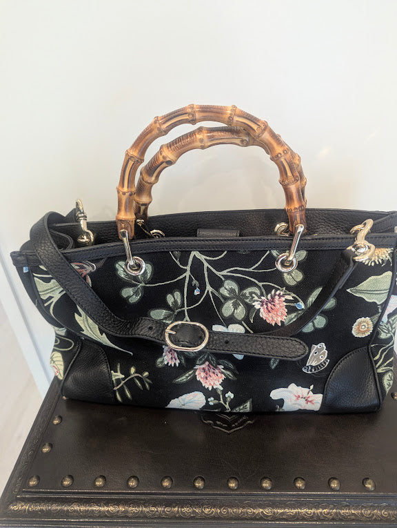 Gucci Black Flora Knight Print Bamboo Tote