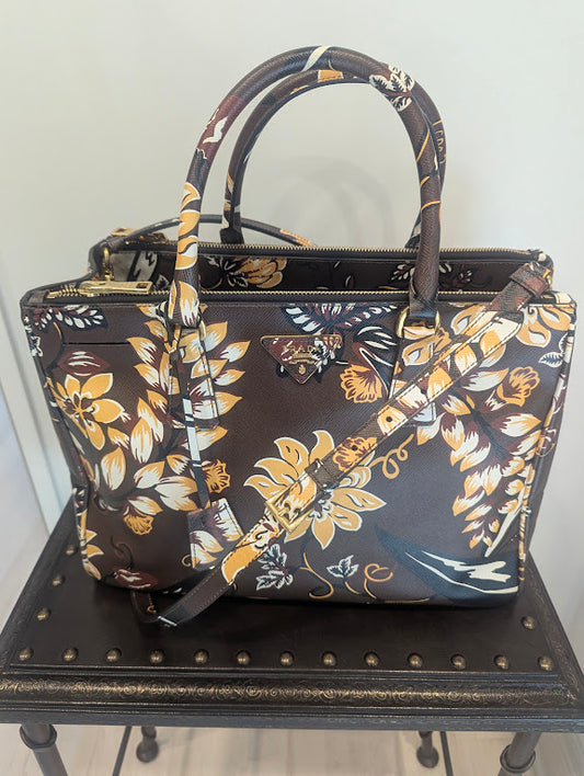 Prada Galleria Saffiano Floral Print Tote with Crossbody Strap