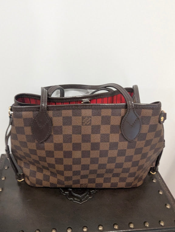 Louis Vuitton Neverfull Damier Ebene PM with Pouch Red Canvas Interior