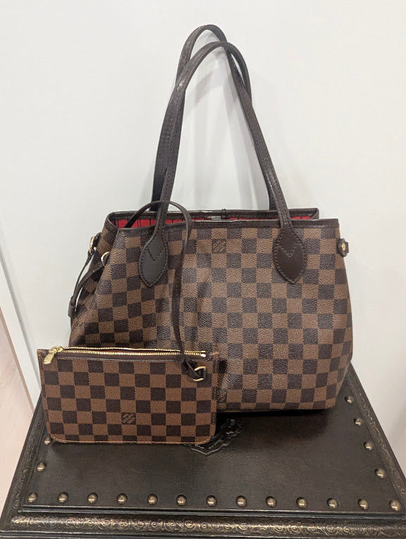 Louis Vuitton Neverfull Damier Ebene PM with Pouch Red Canvas Interior