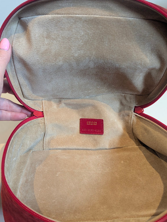 Gucci Vintage Red Suede Horsebit Vanity Bag with Gold Hardware