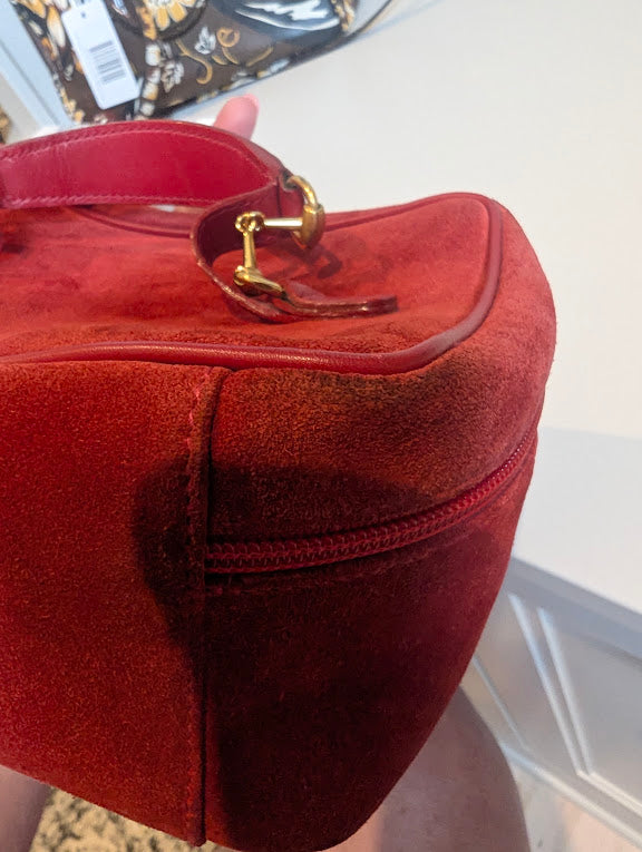 Gucci Vintage Red Suede Horsebit Vanity Bag with Gold Hardware