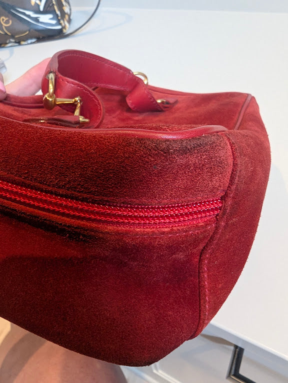Gucci Vintage Red Suede Horsebit Vanity Bag with Gold Hardware