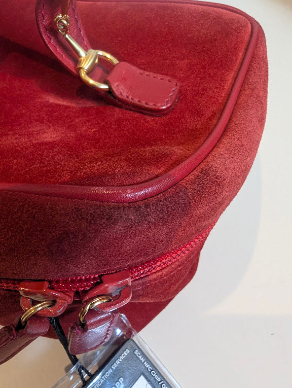 Gucci Vintage Red Suede Horsebit Vanity Bag with Gold Hardware