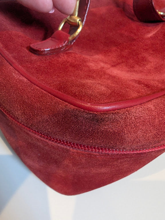 Gucci Vintage Red Suede Horsebit Vanity Bag with Gold Hardware