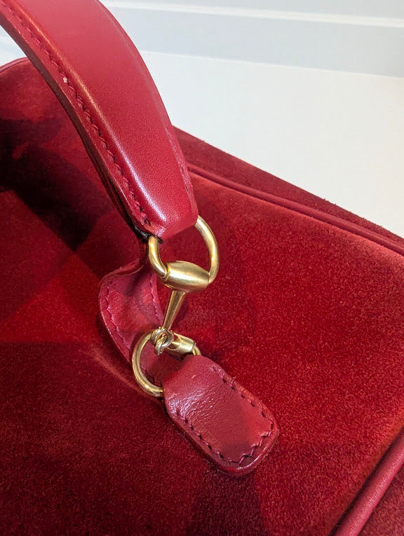 Gucci Vintage Red Suede Horsebit Vanity Bag with Gold Hardware