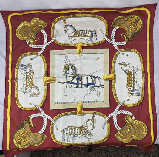Vintage Hermès Grand Apparat Silk Scarf 90 Jacques Eudel Red Gold Equestrian