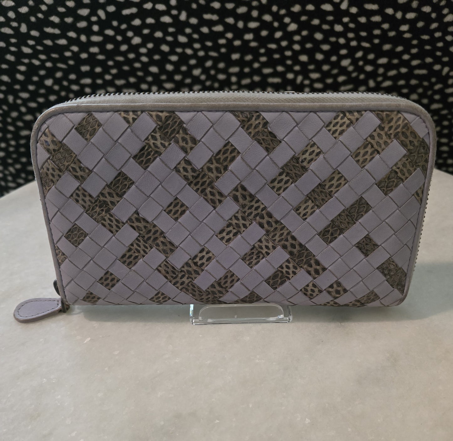 Bottega Veneta White Woven Zippy with Animal Print Squares