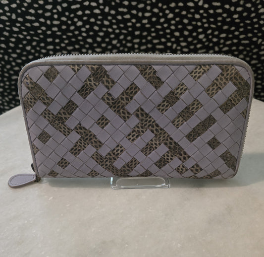 Bottega Veneta White Woven Zippy with Animal Print Squares