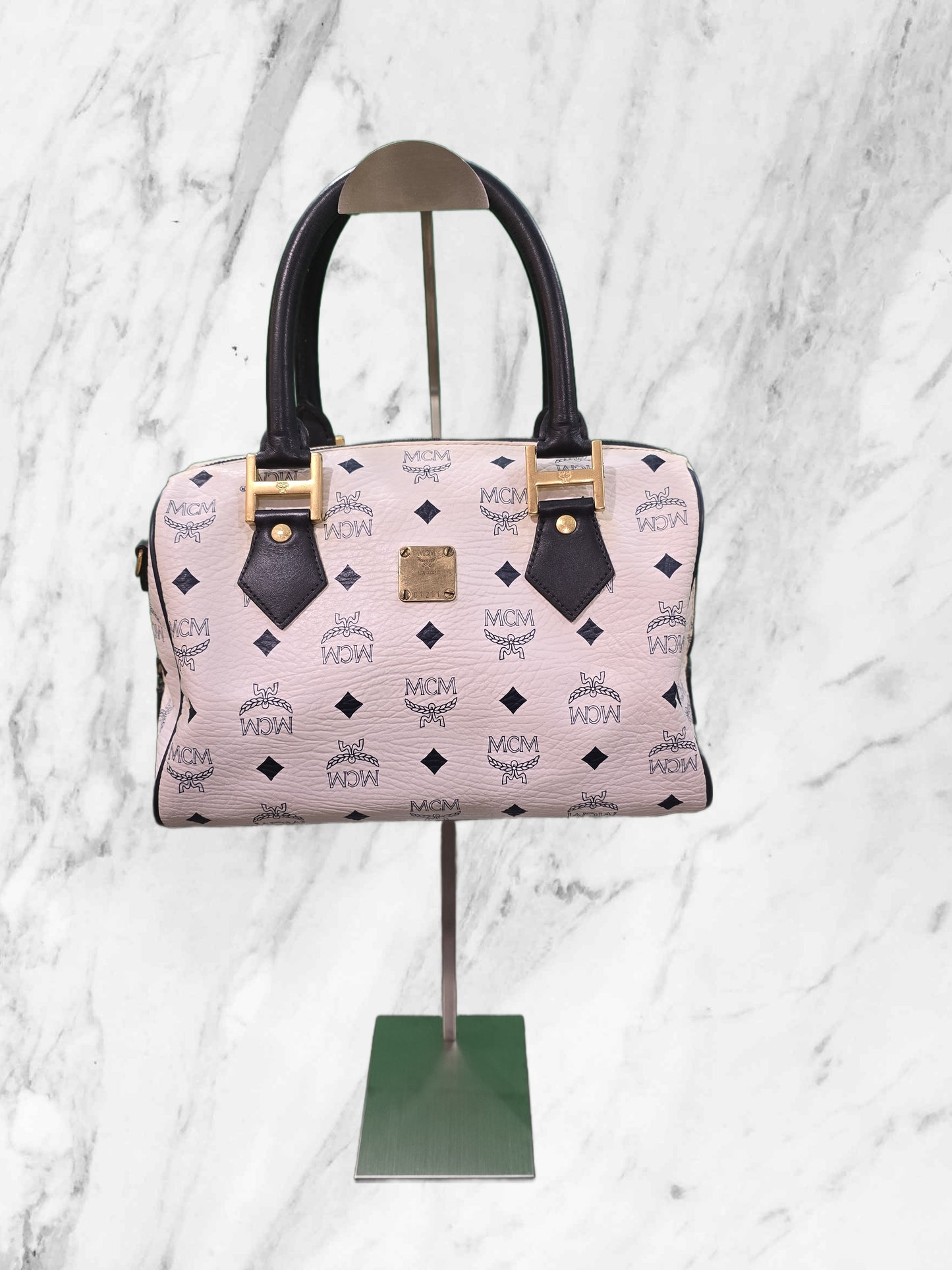 MCM Visetos Heritage Boston Satchel - White & Blue