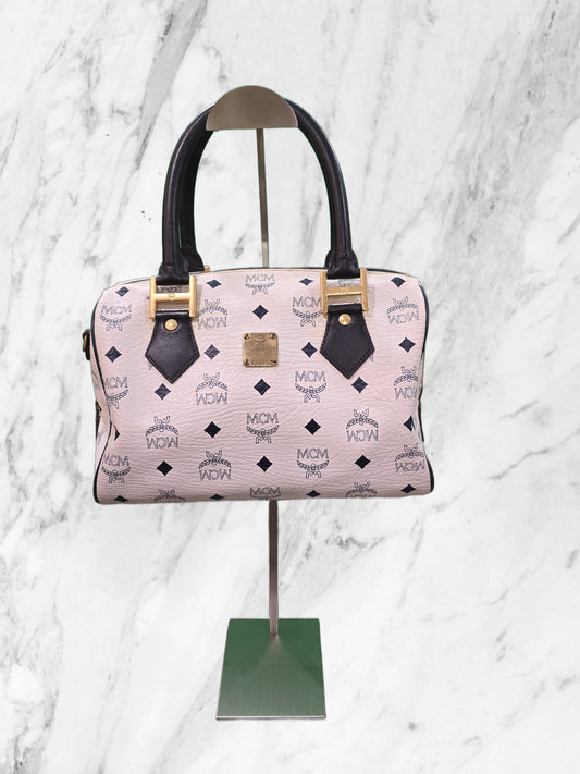 MCM Visetos Heritage Boston Satchel - White & Blue