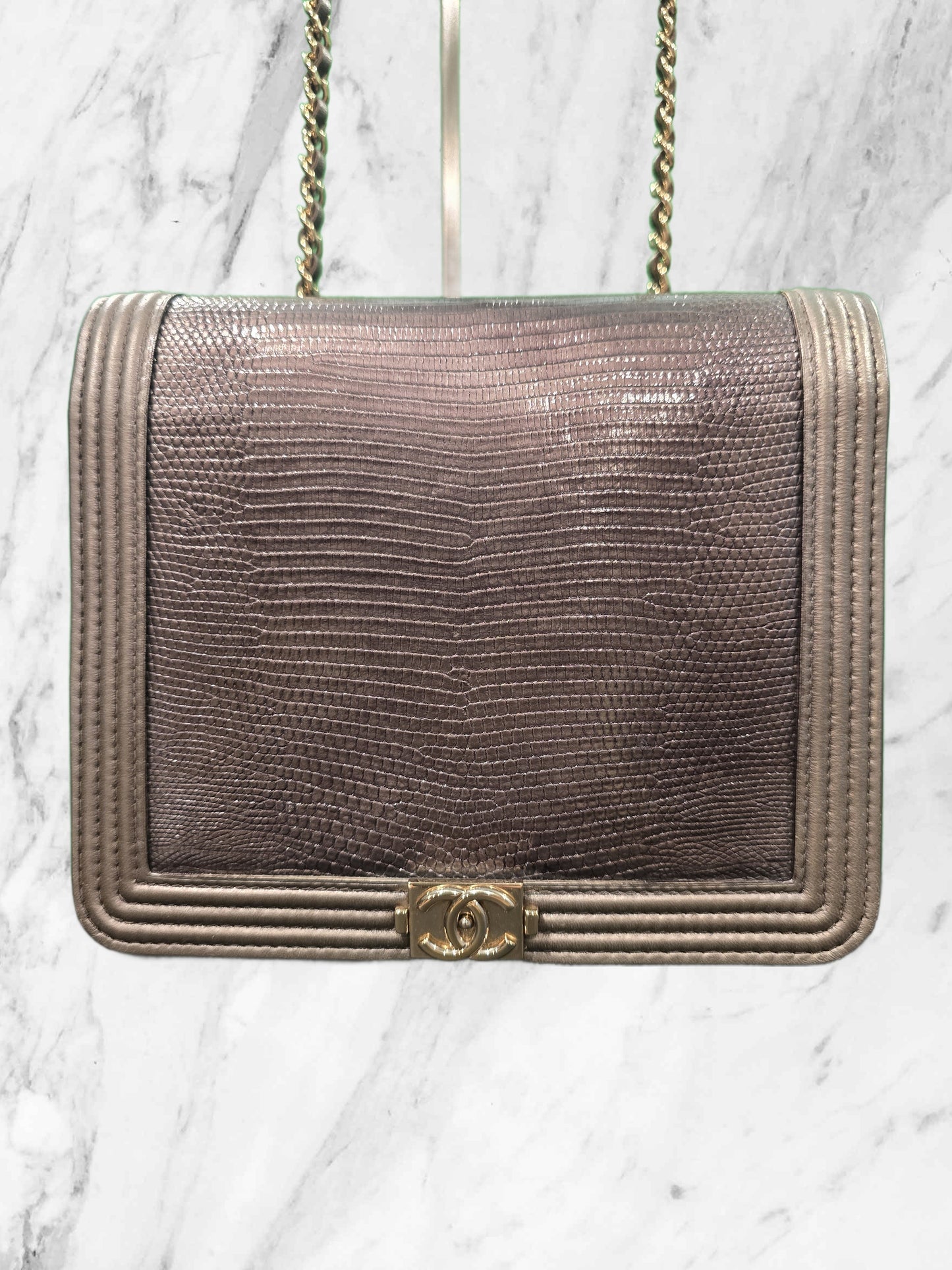 CHANEL LIMITED EDITION LIZARD w/LAMBSKIN SQUARE WALLET ON CHAIN (WOC)