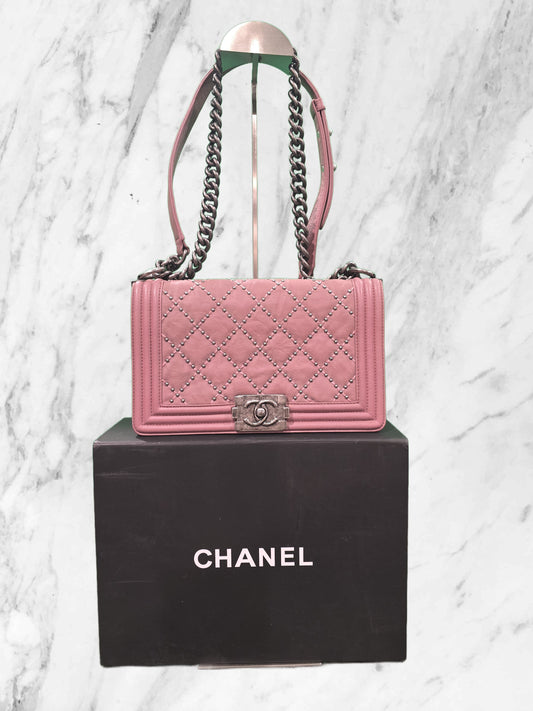 CHANEL QUILTED & STUDDED 'MEDIUM' CAVIAR LEATHER BOY BAG