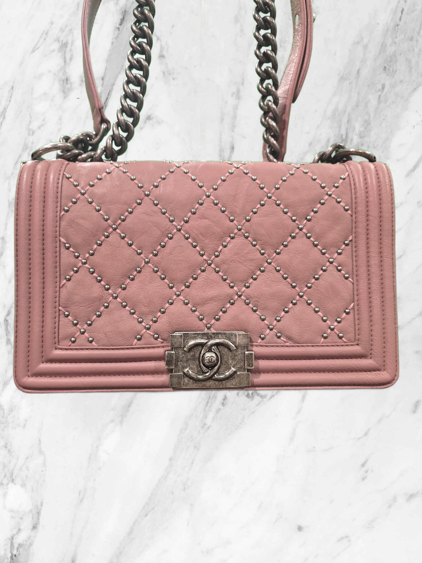 CHANEL QUILTED & STUDDED 'MEDIUM' CAVIAR LEATHER BOY BAG